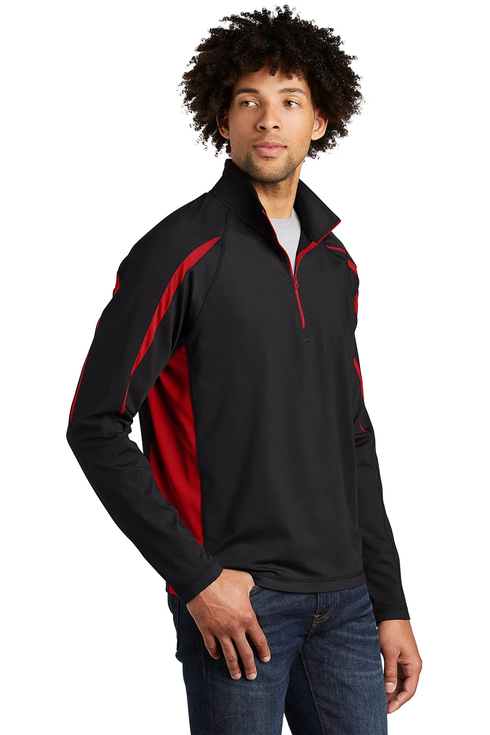 Sport-Tek Mens Sport-Wick Moisture Wicking 1/4 Zip Sweatshirt - Black/True Red