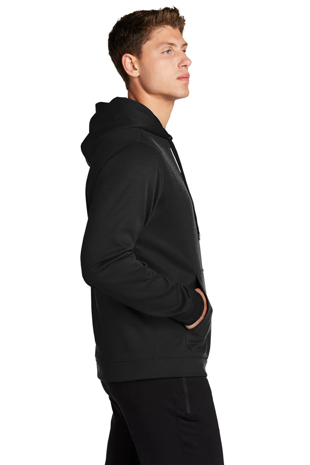 Sport-Tek Mens Sport-Wick Moisture Wicking Fleece Hooded Sweatshirt Hoodie w/ Pouch Pocket - Black