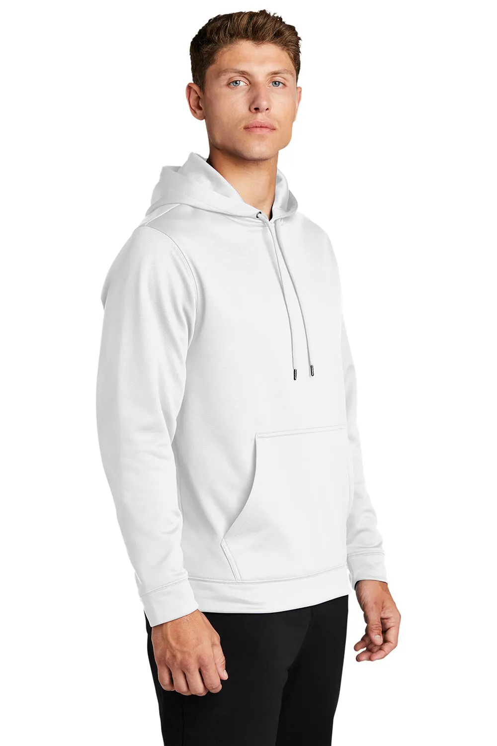 Sport-Tek Mens Sport-Wick Moisture Wicking Fleece Hooded Sweatshirt Hoodie w/ Pouch Pocket - White