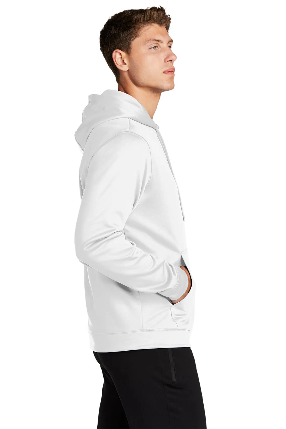 Sport-Tek Mens Sport-Wick Moisture Wicking Fleece Hooded Sweatshirt Hoodie w/ Pouch Pocket - White
