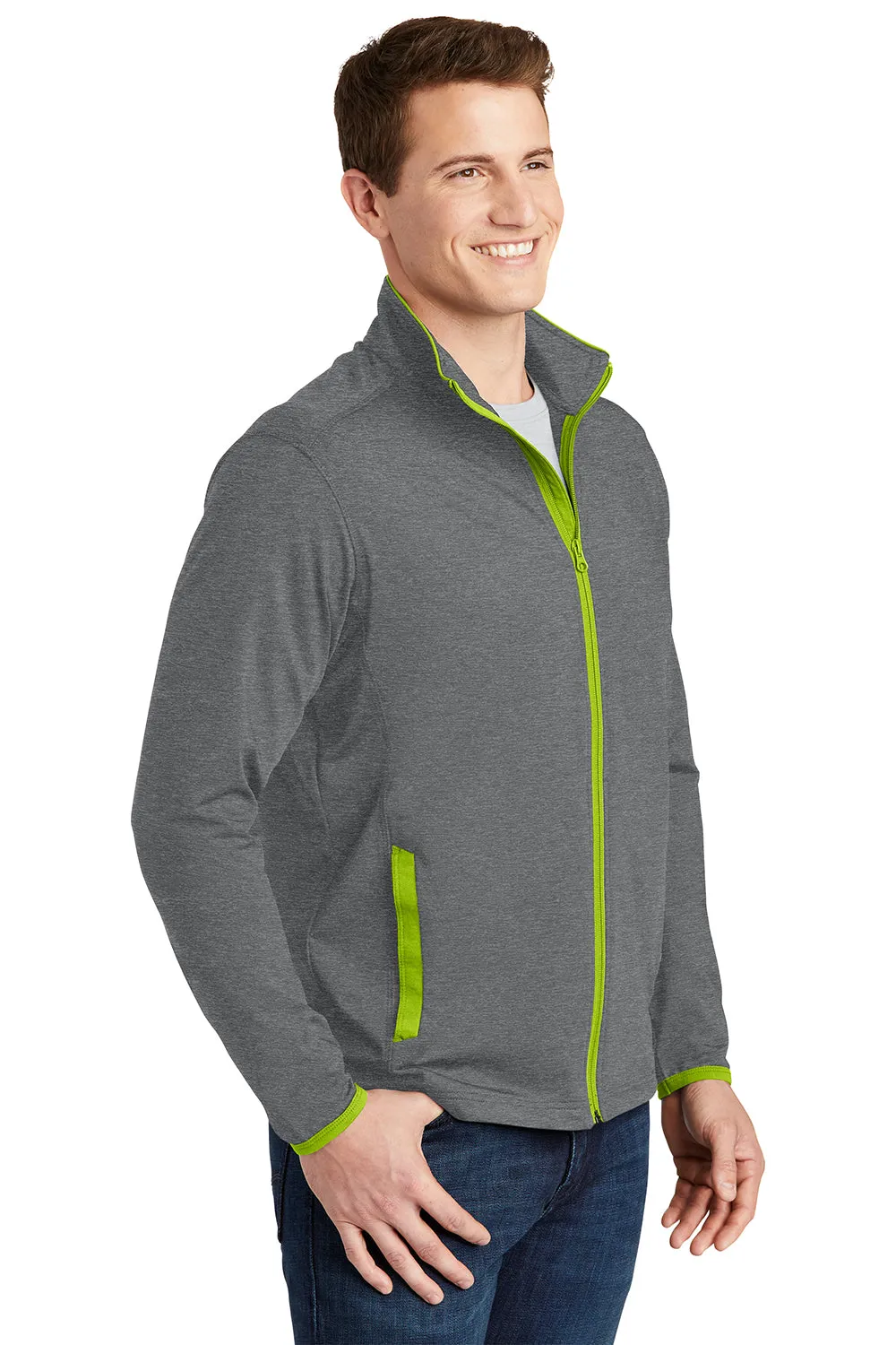 Sport-Tek Mens Sport-Wick Moisture Wicking Full Zip Jacket - Heather Charcoal Grey/Charge Green
