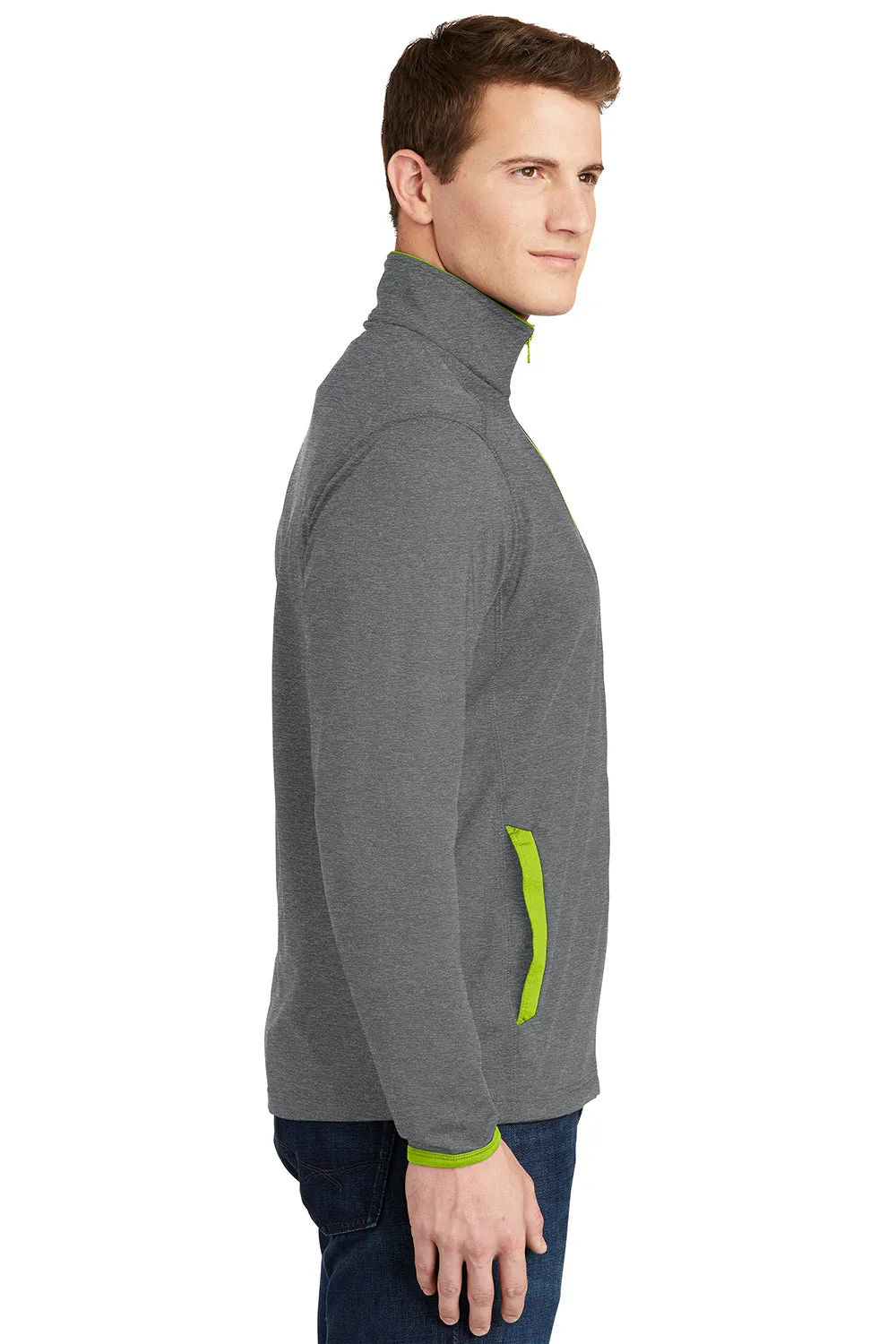 Sport-Tek Mens Sport-Wick Moisture Wicking Full Zip Jacket - Heather Charcoal Grey/Charge Green