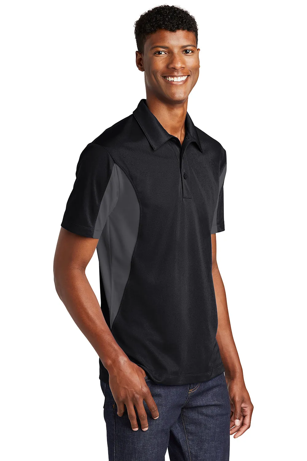 Sport-Tek Mens Sport-Wick Moisture Wicking Short Sleeve Polo Shirt - Black/Iron Grey