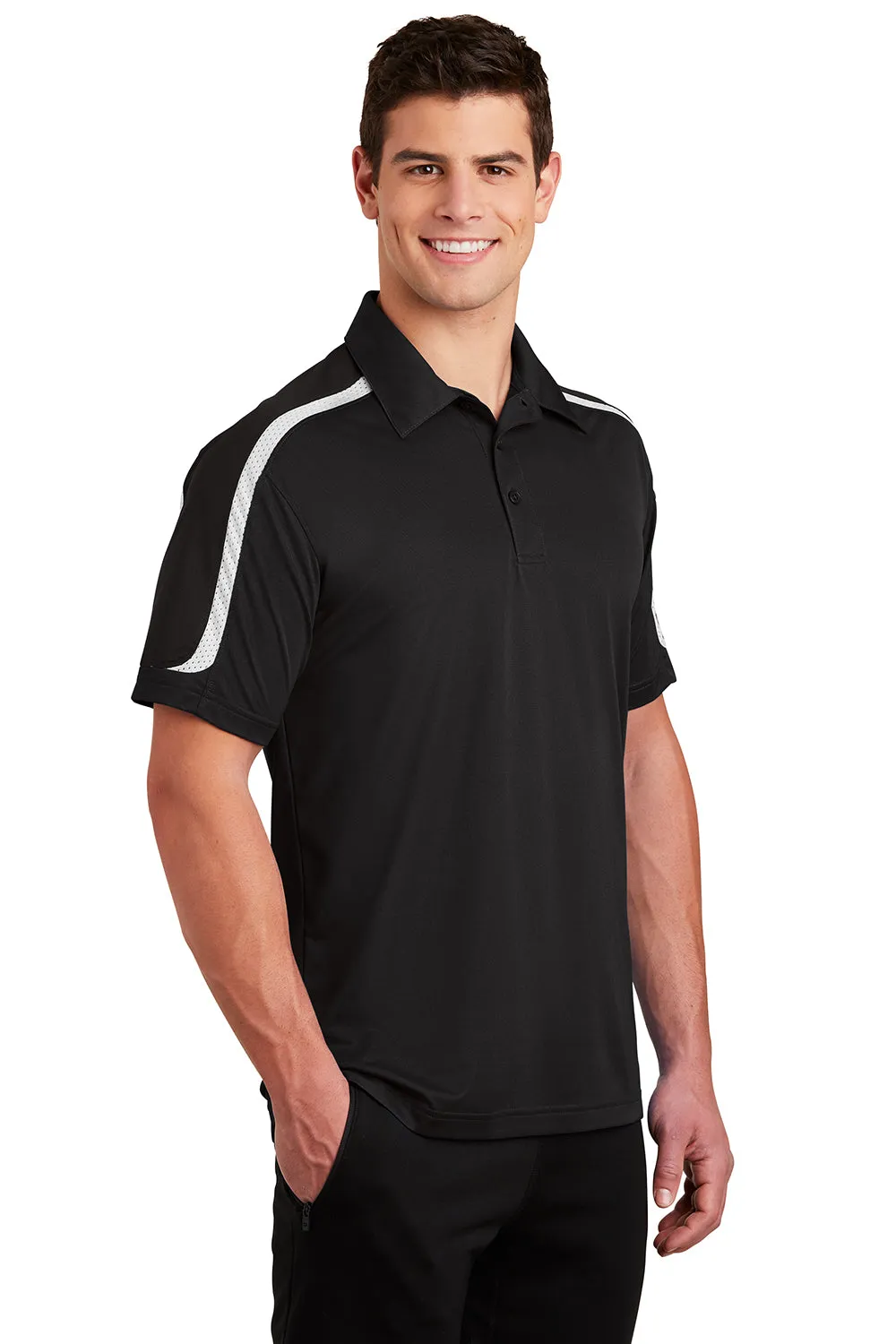 Sport-Tek Mens Sport-Wick Moisture Wicking Short Sleeve Polo Shirt - Black/Iron Grey/White