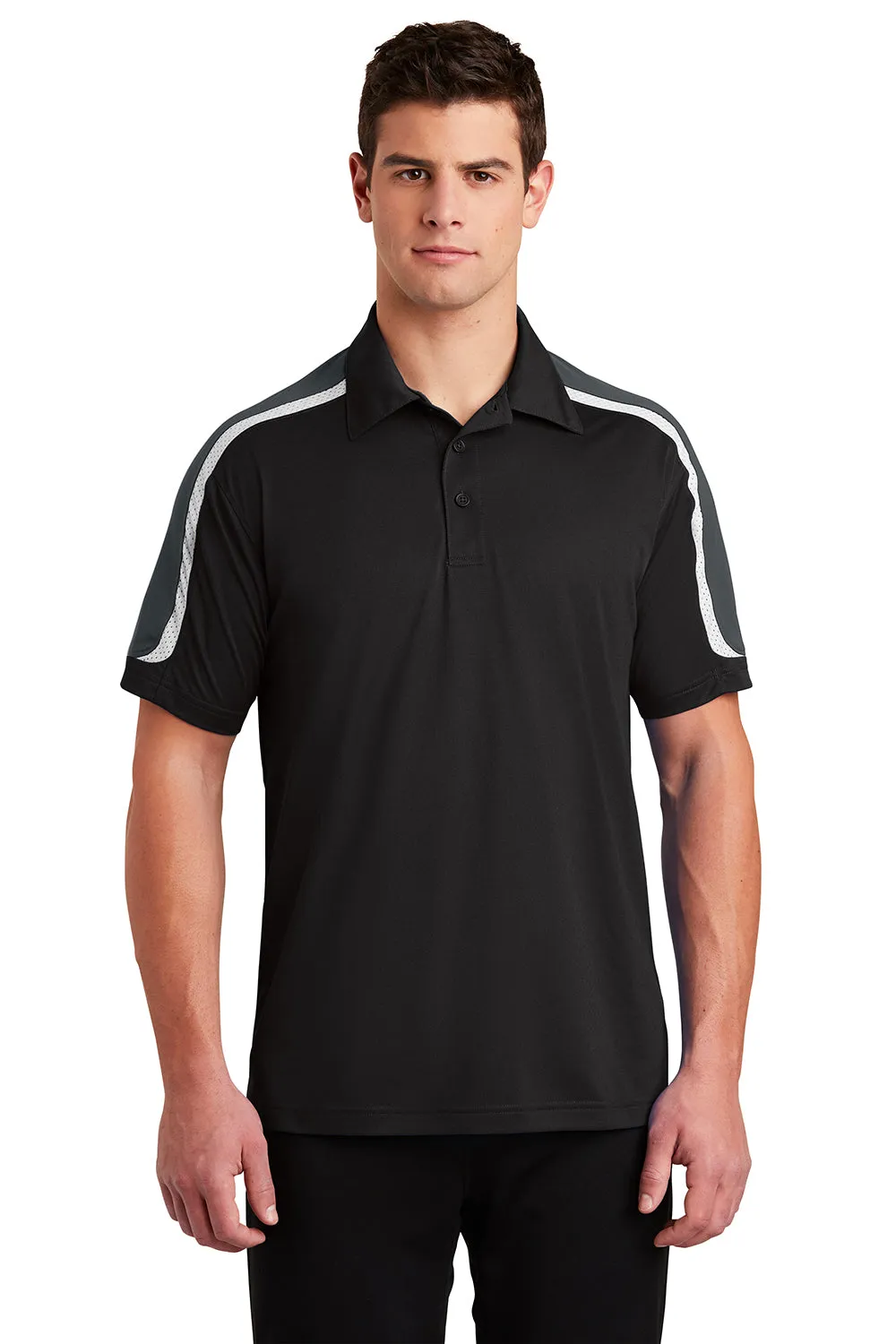 Sport-Tek Mens Sport-Wick Moisture Wicking Short Sleeve Polo Shirt - Black/Iron Grey/White