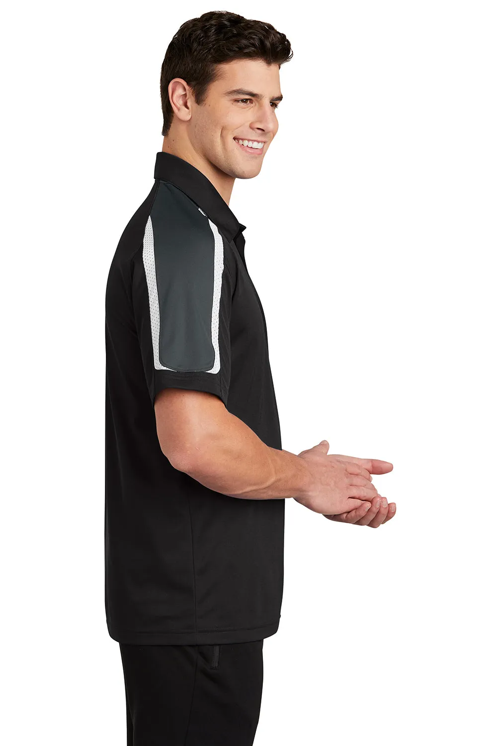 Sport-Tek Mens Sport-Wick Moisture Wicking Short Sleeve Polo Shirt - Black/Iron Grey/White