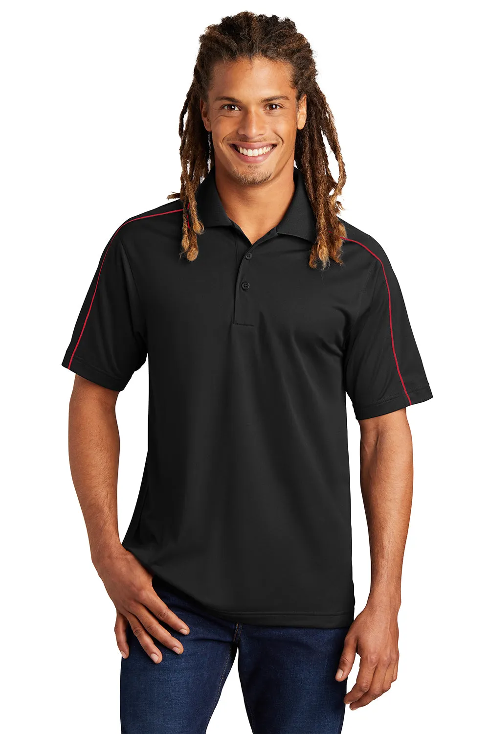 Sport-Tek Mens Sport-Wick Moisture Wicking Short Sleeve Polo Shirt - Black/True Red
