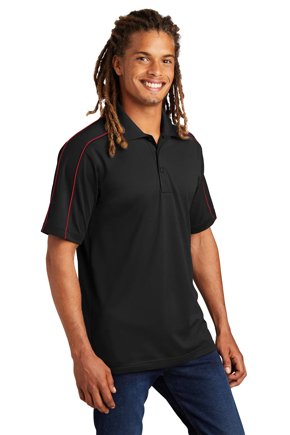 Sport-Tek Mens Sport-Wick Moisture Wicking Short Sleeve Polo Shirt - Black/True Red