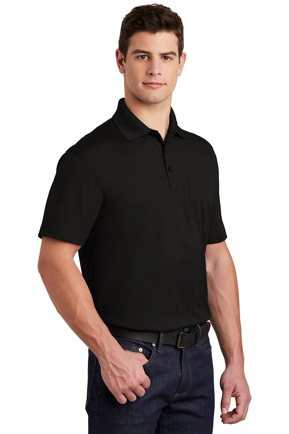 Sport-Tek Mens Sport-Wick Moisture Wicking Short Sleeve Polo Shirt w/ Pocket - Black