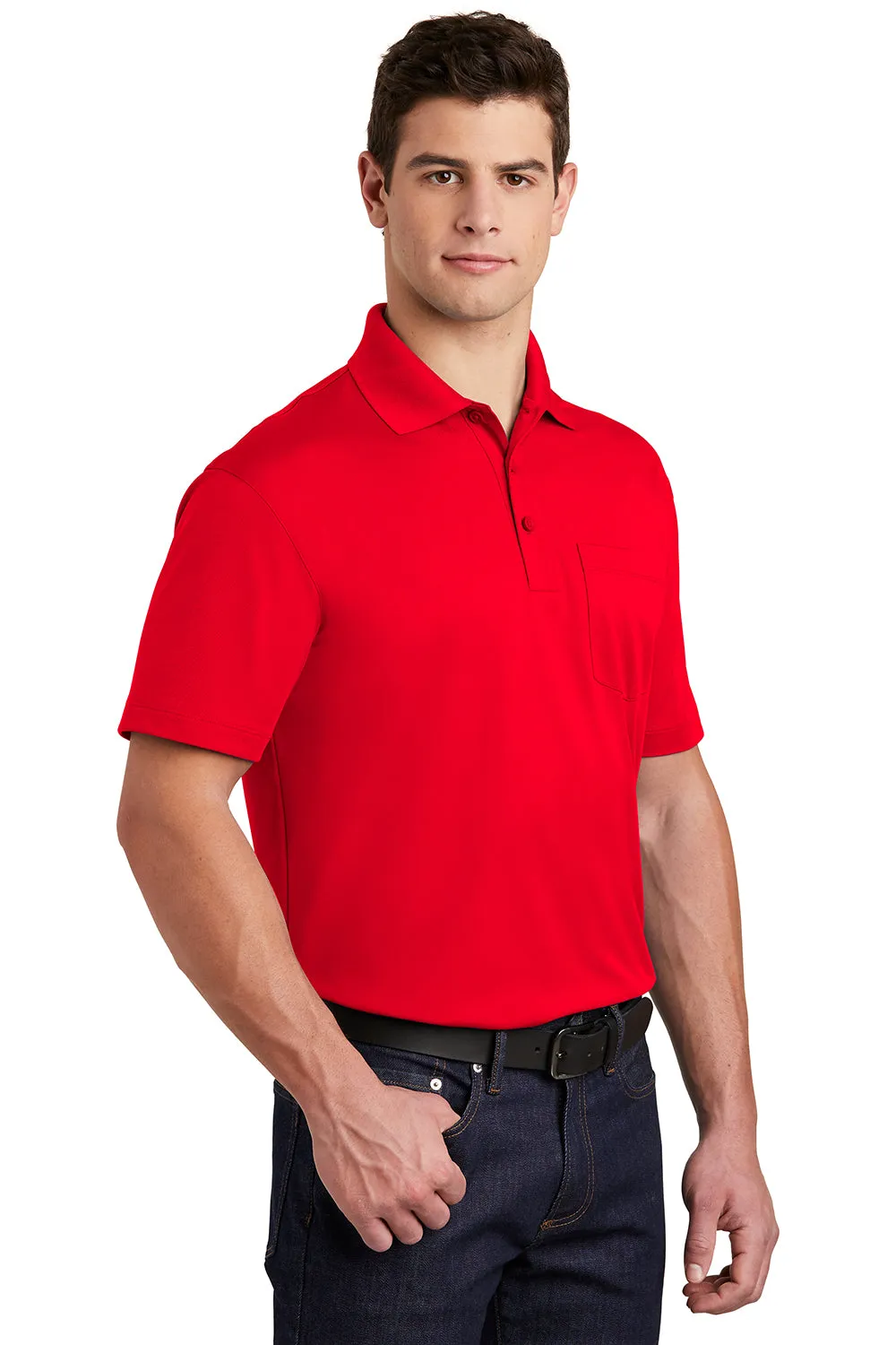 Sport-Tek Mens Sport-Wick Moisture Wicking Short Sleeve Polo Shirt w/ Pocket - True Red