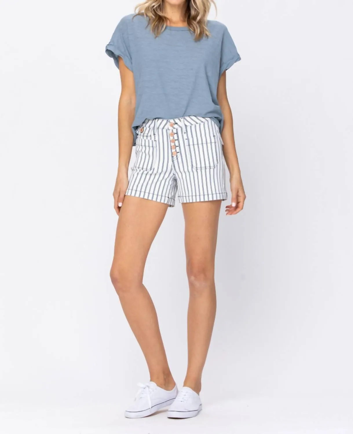 Stripe Patch Pocket High Waist Shorts In Multi