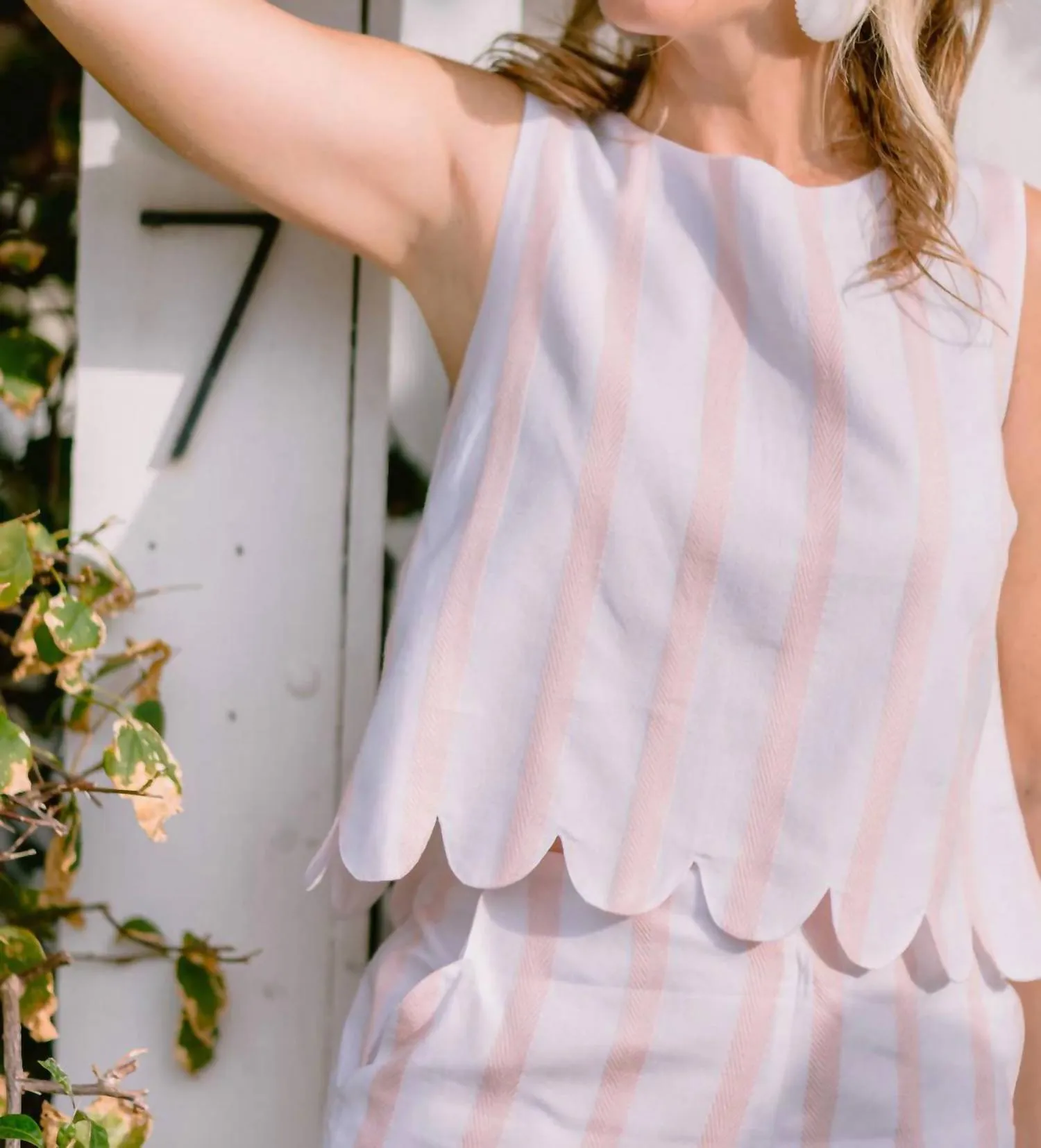 Stripe Scalloped Short Set In Pink Stripe