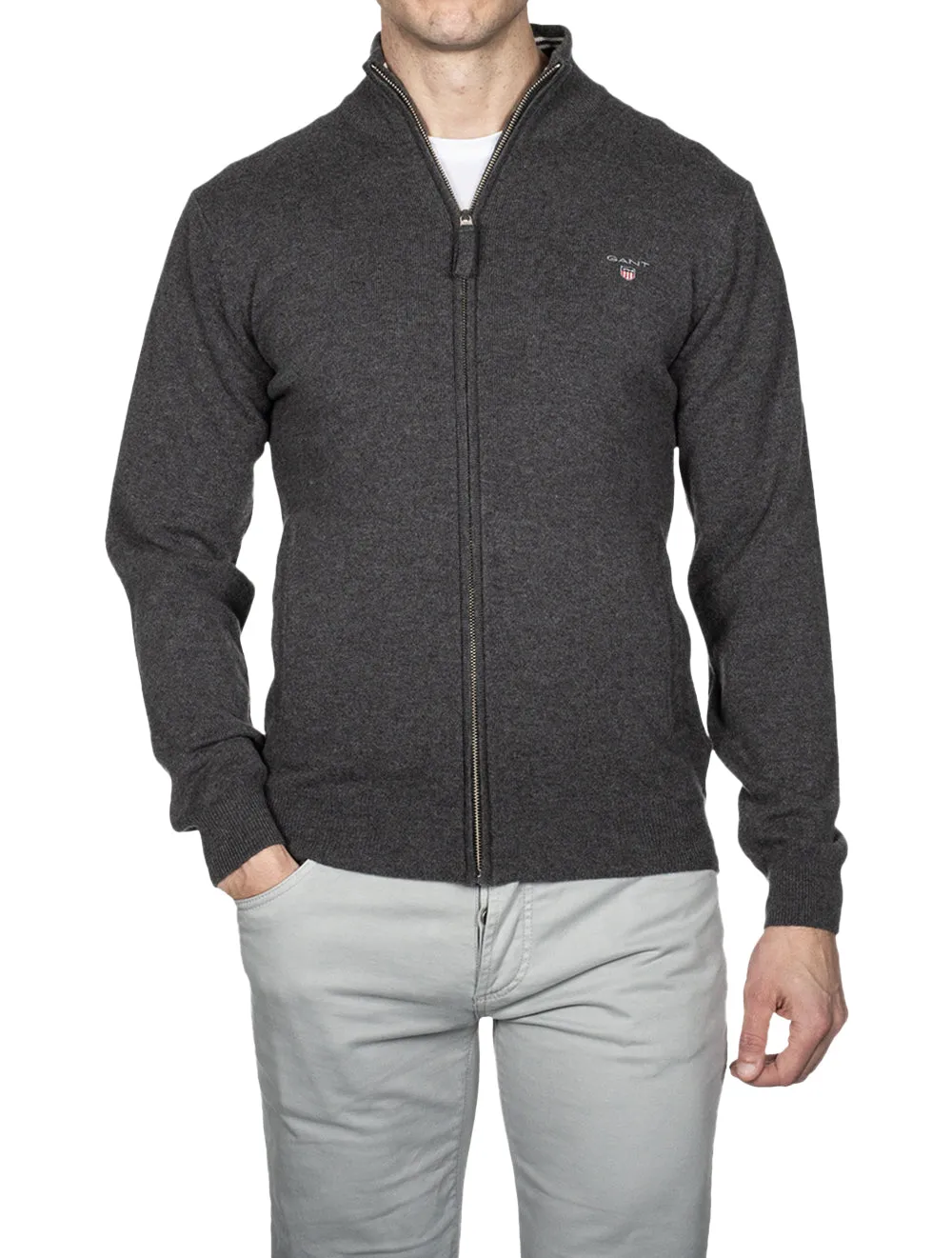 Super Fine Lambswool Zip Cardigan Antracite Melange