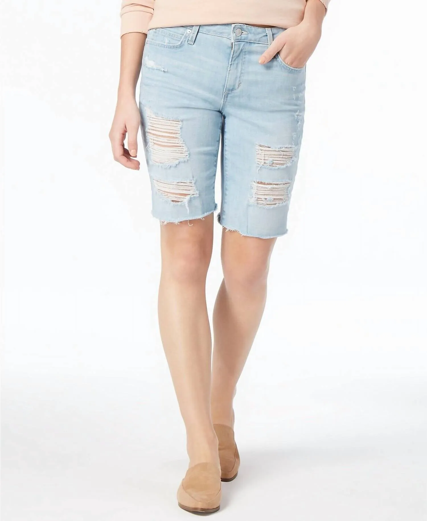 The Finn Ripped Denim Raw Hem Bermuda Shorts In Blue