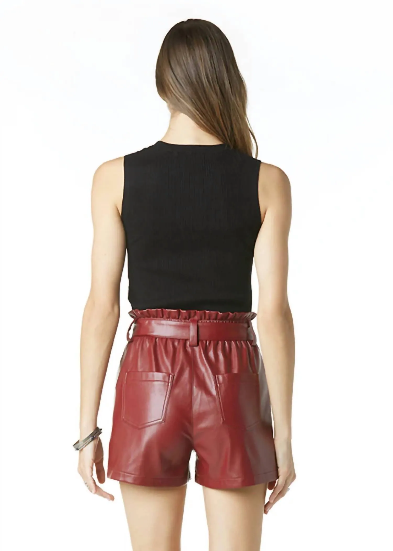 Vegan Leather Tie Waist Shorts In Red