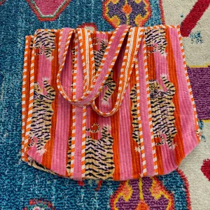 Velvet Quilted Tote Bag- Pink & Red Tiger