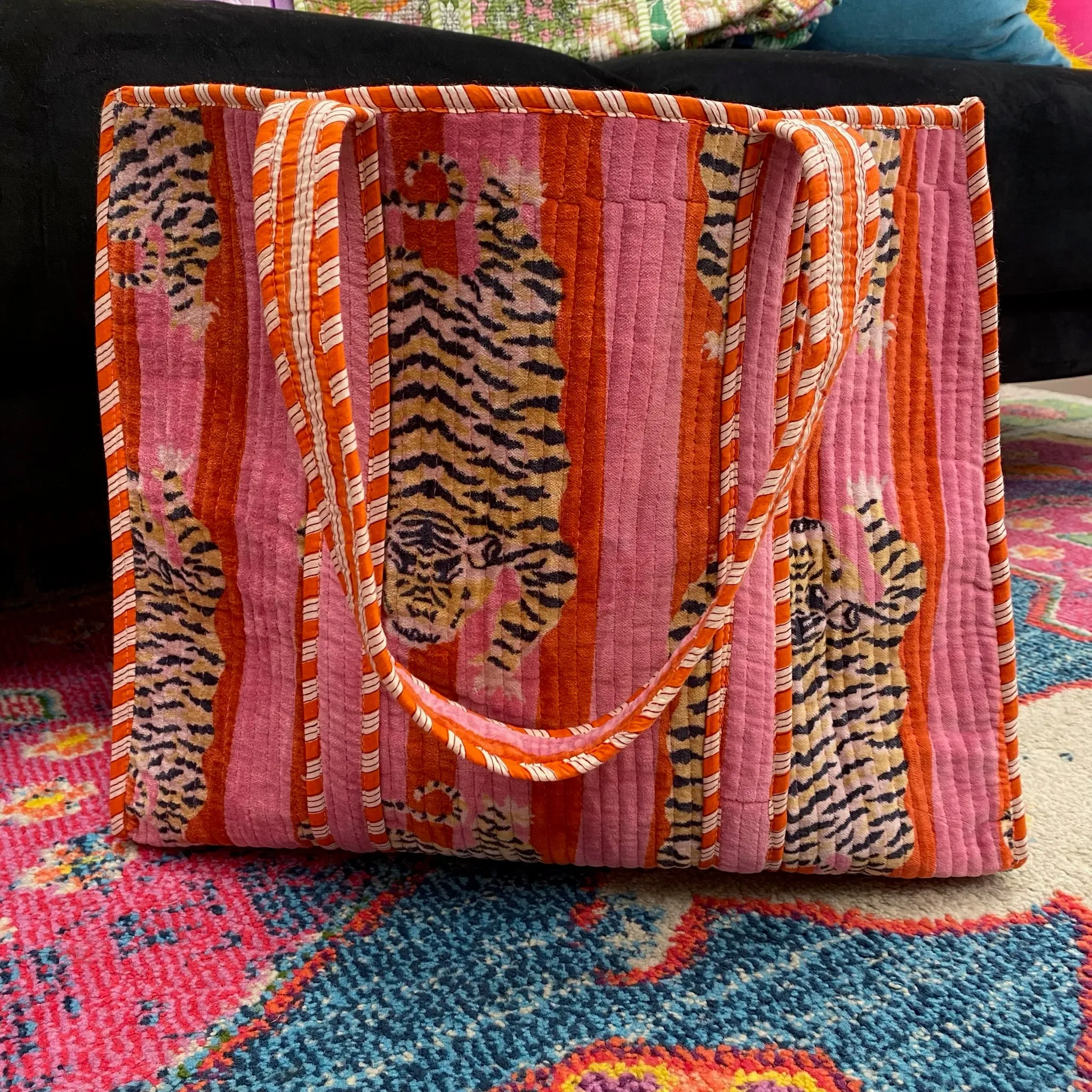 Velvet Quilted Tote Bag- Pink & Red Tiger