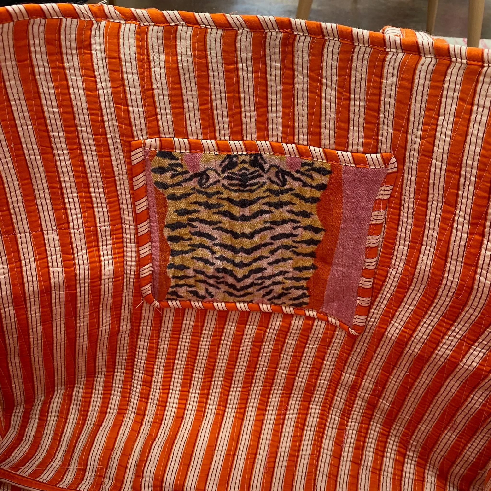 Velvet Quilted Tote Bag- Pink & Red Tiger