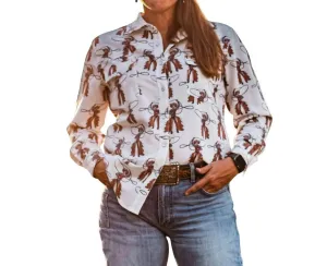 Women's Long Sleeved Pearl Snap Shirt In Roping Cowboy Print