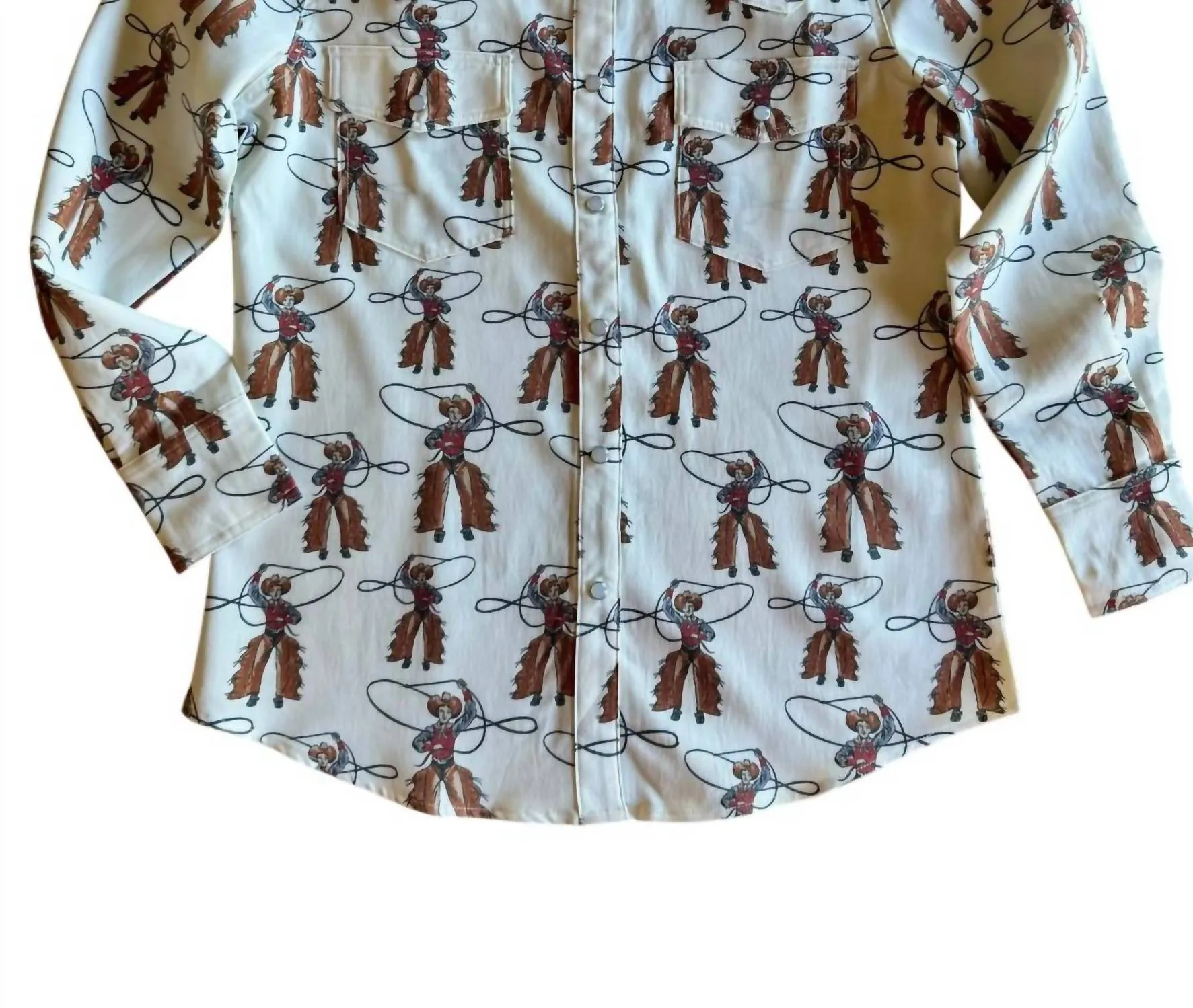 Women's Long Sleeved Pearl Snap Shirt In Roping Cowboy Print