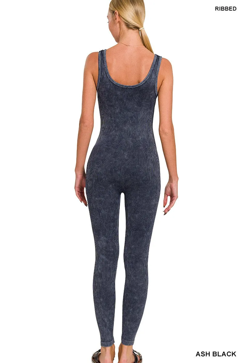 Zenana Stone Washed Ribbed Seamless Sport Jumpsuit NPW-6369 Ash Black