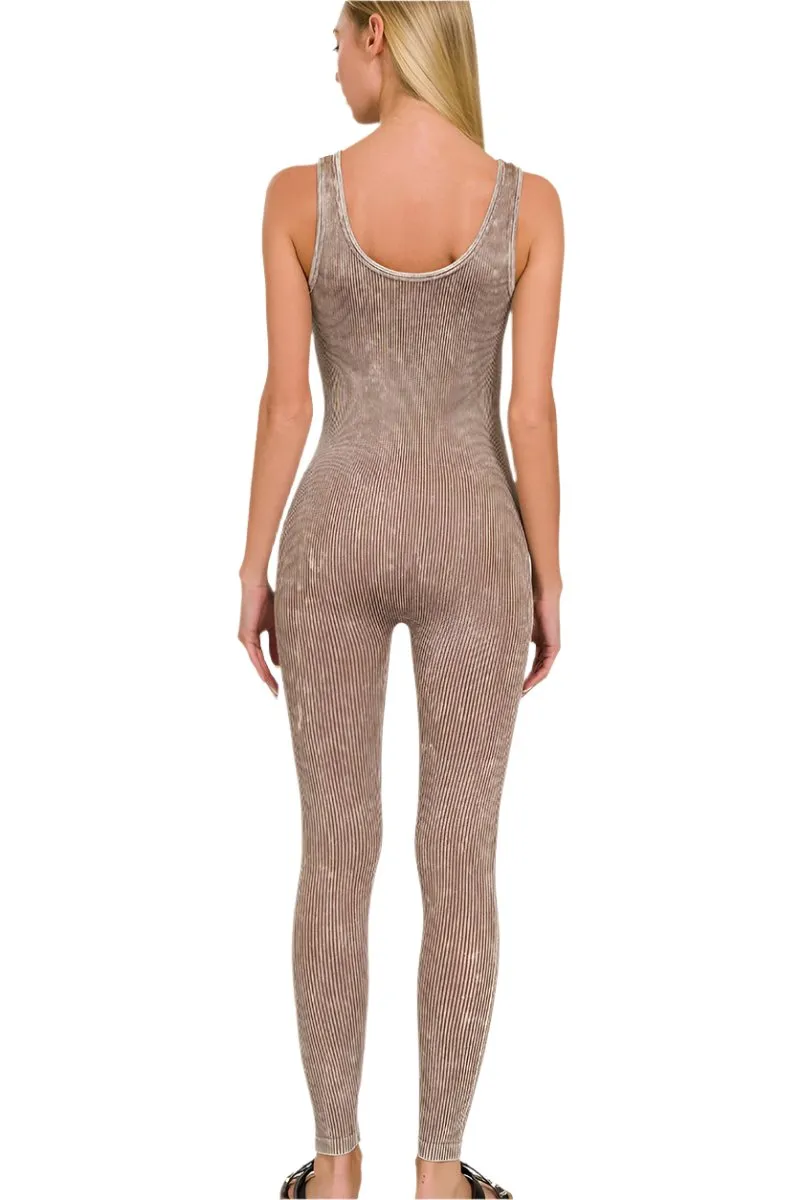 Zenana Stone Washed Ribbed Seamless Sport Jumpsuit NPW-6369 Mocha