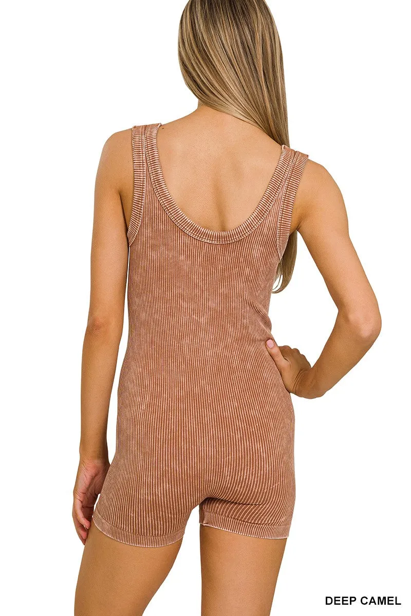 Zenana Stone Washed Ribbed Seamless Sport Romper NPW-6370 Deep Camel